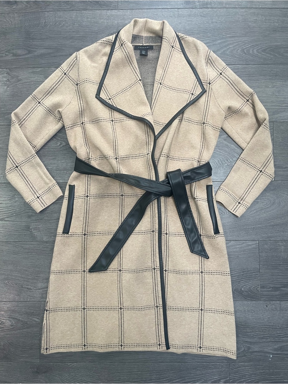 Tahari Beige Windowpane Trench Coat with Black Trim